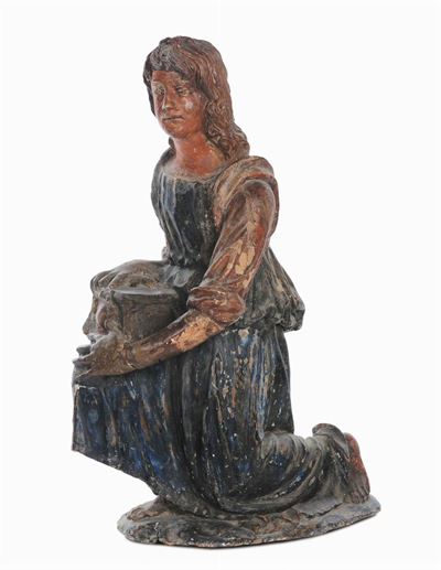 Angelo Reggicero Genuflesso in Terracotta Policroma, Plasticatore Italiano del XVI Secolo