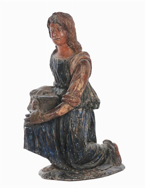 Angelo reggicero genuflesso in terracotta policroma, plasticatore Italiano del XVI secolo
