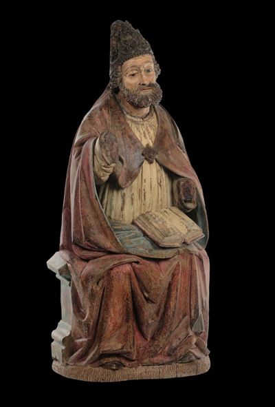 Scultura in Legno Policromo Raffigurante Figura di Santo Pontefice, Italia del Nord (veneto?) Ini...