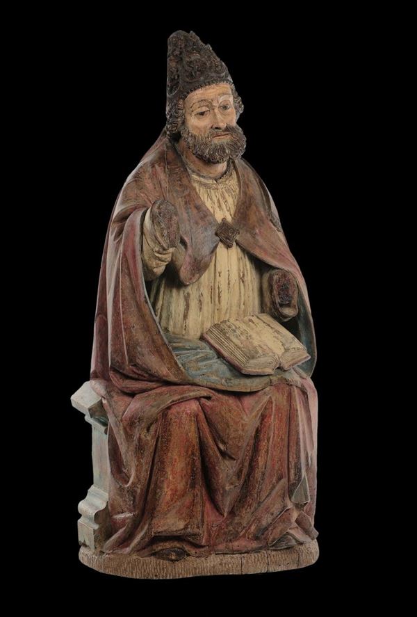 Scultura in legno policromo raffigurante figura di Santo Pontefice, Italia del nord (Veneto?) inizio  [..]