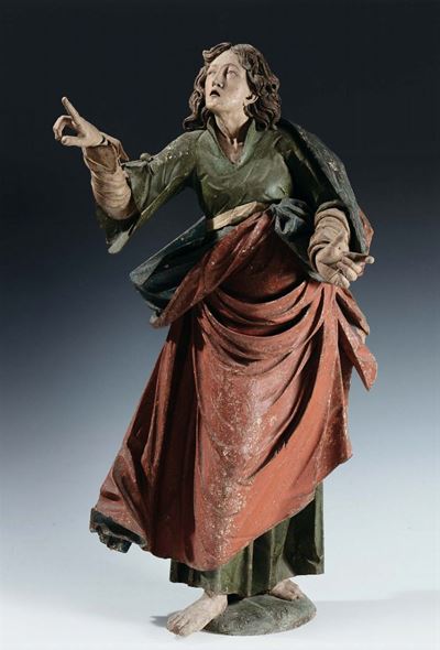 Scultura in Legno Policromo Raffigurante San Giovanni, Italia del Nord XVII Secolo