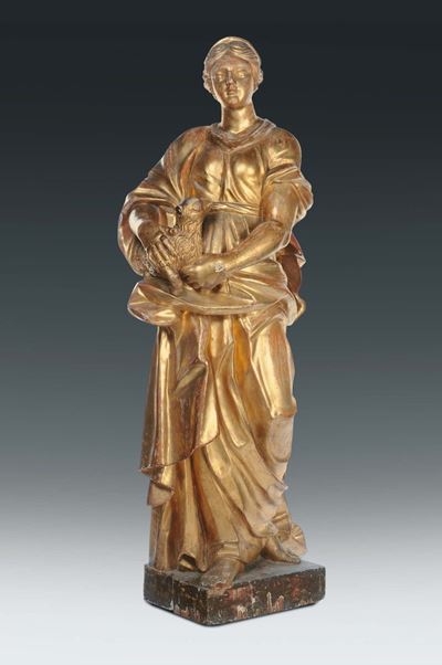 Scultura in Legno Dorato Raffigurante Sant’agnese, Italia Centrale XVII Secolo