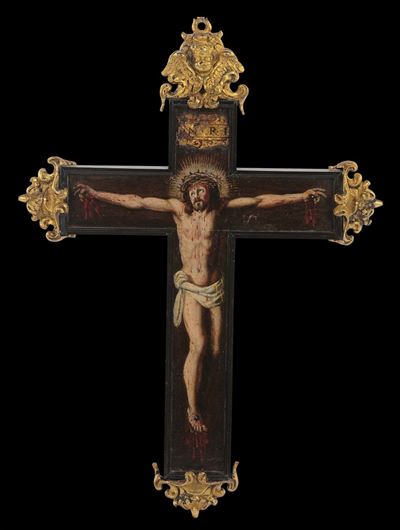 Rara Croce in Legno Dipinto su Entrambi i Lati con Immagine di Cristo e Santa Crocifissi, Finali ...