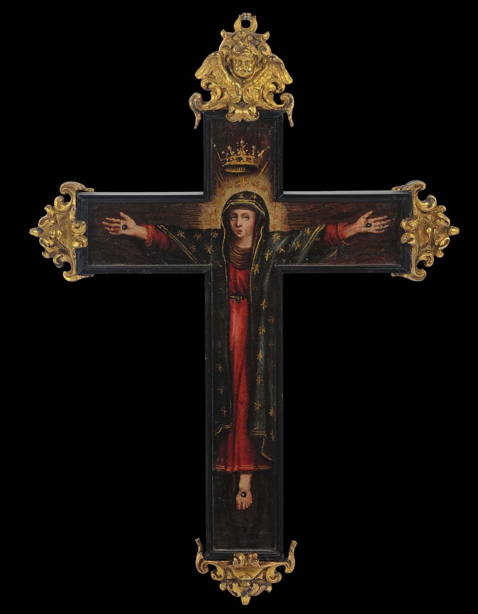Rara Croce in Legno Dipinto su Entrambi i Lati con Immagine di Cristo e Santa Crocifissi, Finali ...