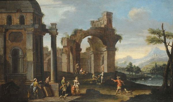 Giovani Ghisolfi (1623-1683), attribuito a Paesaggi con rovine e personaggi