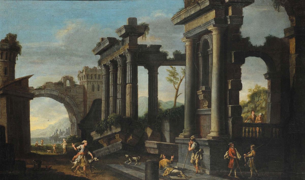 Giovani Ghisolfi (1623-1683), Attribuito Apaesaggi con Rovine e Personaggi