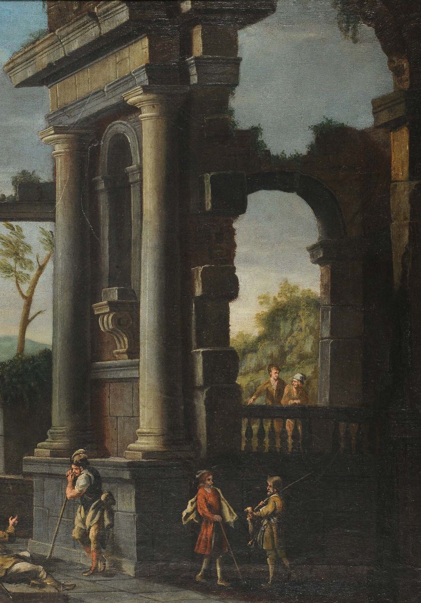 Giovani Ghisolfi (1623-1683), Attribuito Apaesaggi con Rovine e Personaggi