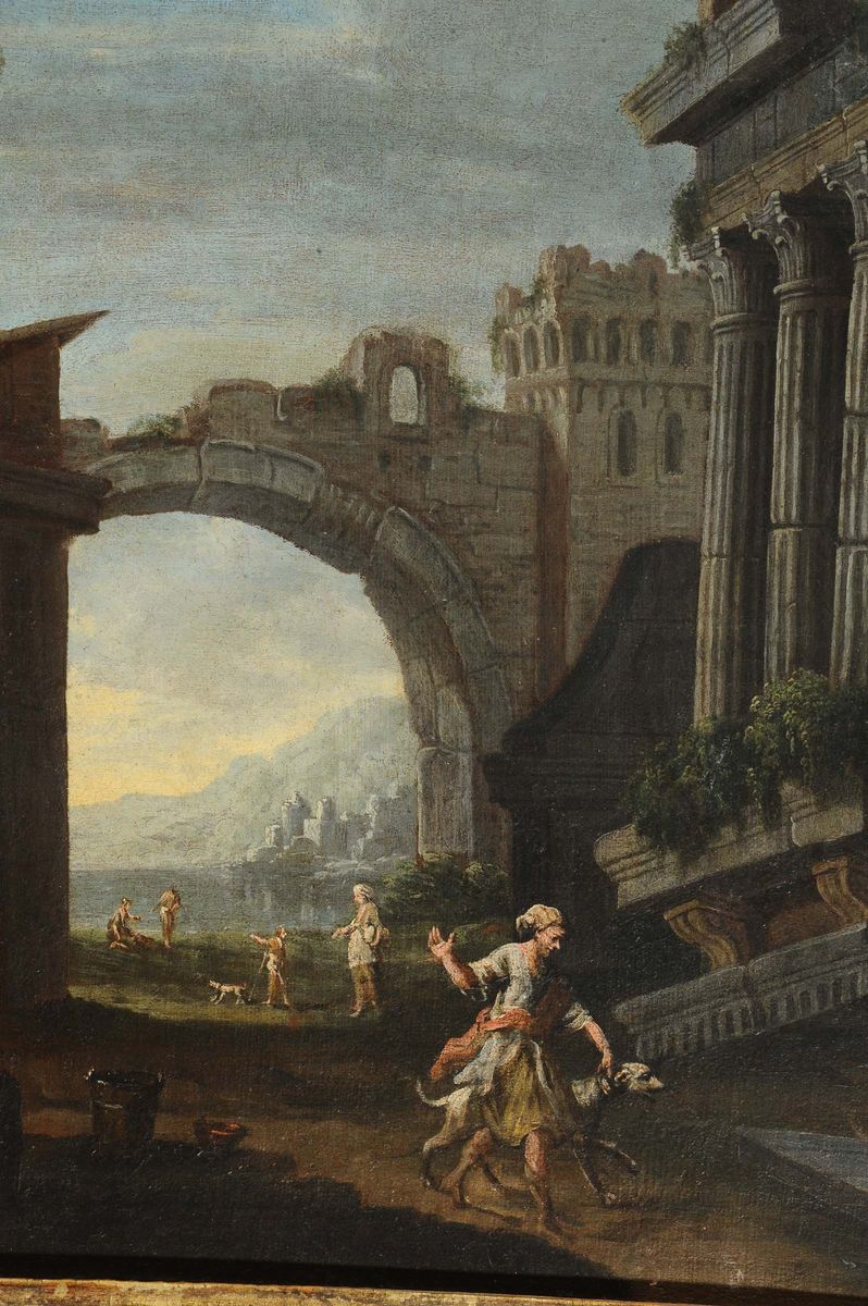 Giovani Ghisolfi (1623-1683), Attribuito Apaesaggi con Rovine e Personaggi