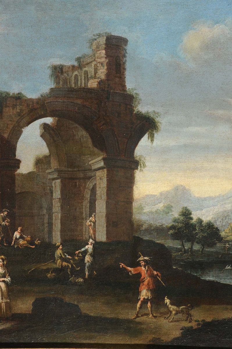 Giovani Ghisolfi (1623-1683), Attribuito Apaesaggi con Rovine e Personaggi