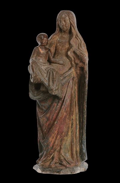 Scultura in Pietra Policroma Raffigurante Madonna con Bambino, Alsazia XVI Secolo