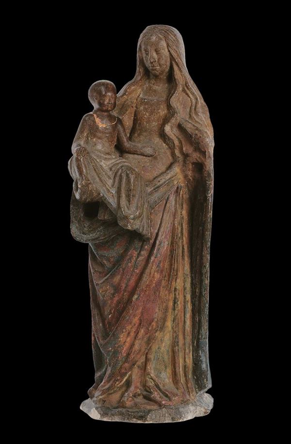 Scultura in pietra policroma raffigurante Madonna con Bambino, Alsazia XVI secolo