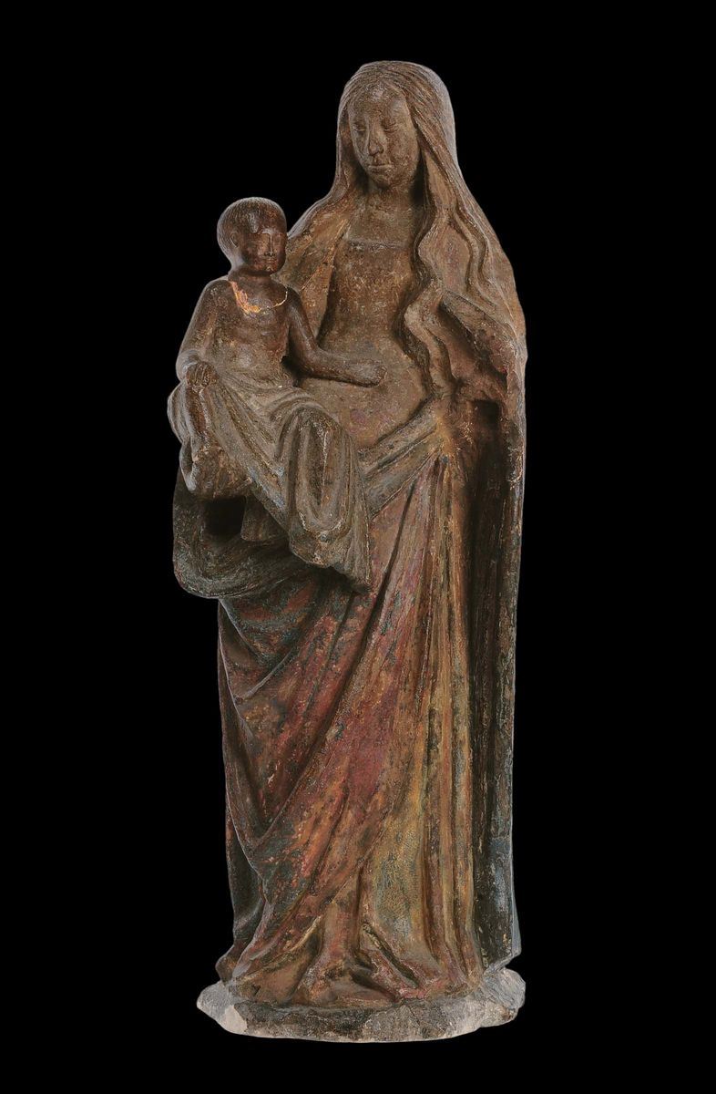 Scultura in pietra policroma raffigurante Madonna con Bambino, Alsazia XVI secolo  - Asta Scultura e Oggetti d'Arte - Cambi Casa d'Aste