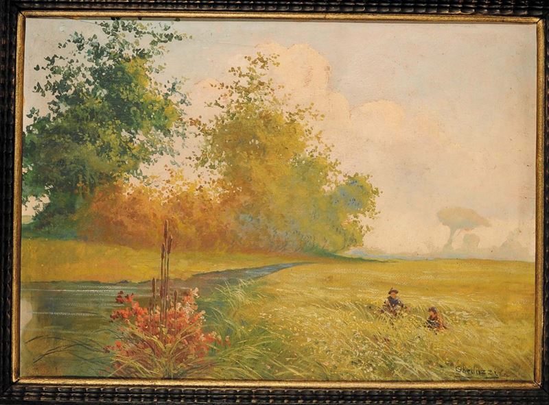 Giuseppe Gheduzzi (1889-1957) Paesaggio con bimbi sul prato  - Asta Dipinti del XIX e XX secolo - Cambi Casa d'Aste