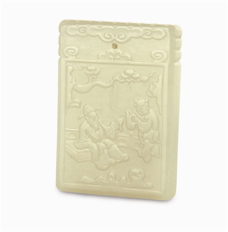 Piccola placca in giada bianca Celadon con iscrizioni e decorazioni incise, Cina, XIX secolo  - Asta Arte Orientale - Cambi Casa d'Aste