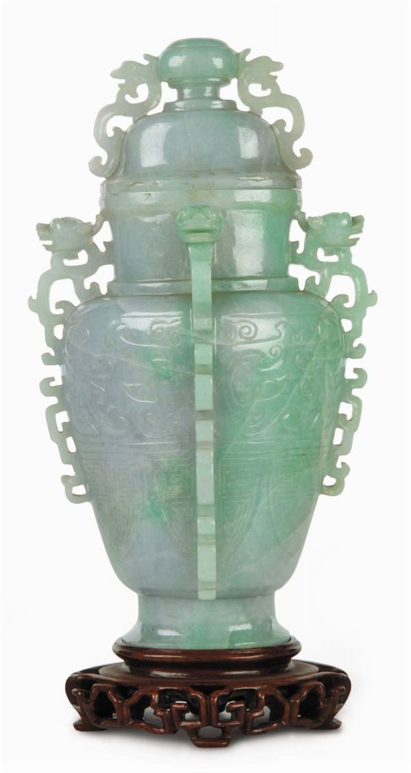 Small apple-green/lavender jadeite vase with archaic shape, China, 19th century