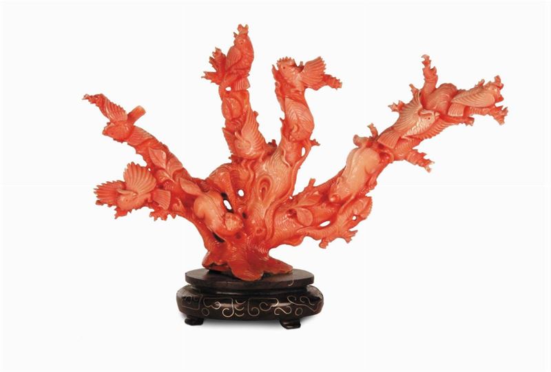 Corallo sfumato con uccelli, Cina, Dinastia Qing, XIX secolo  - Asta Arte Orientale - Cambi Casa d'Aste