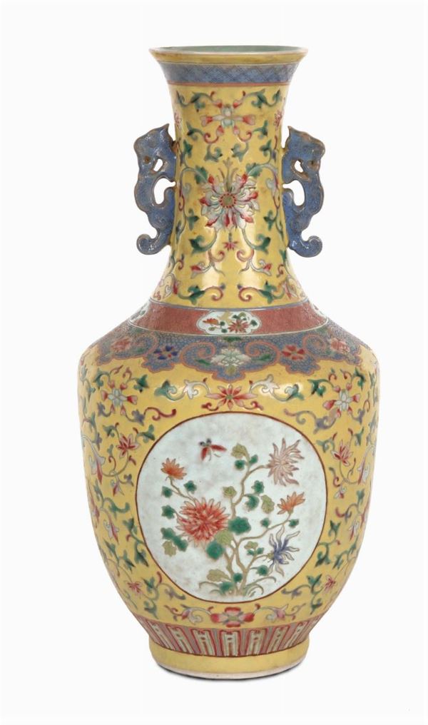 Famille-rose porcelain vase with yellow background, China, Qing Dynasty, 19th century