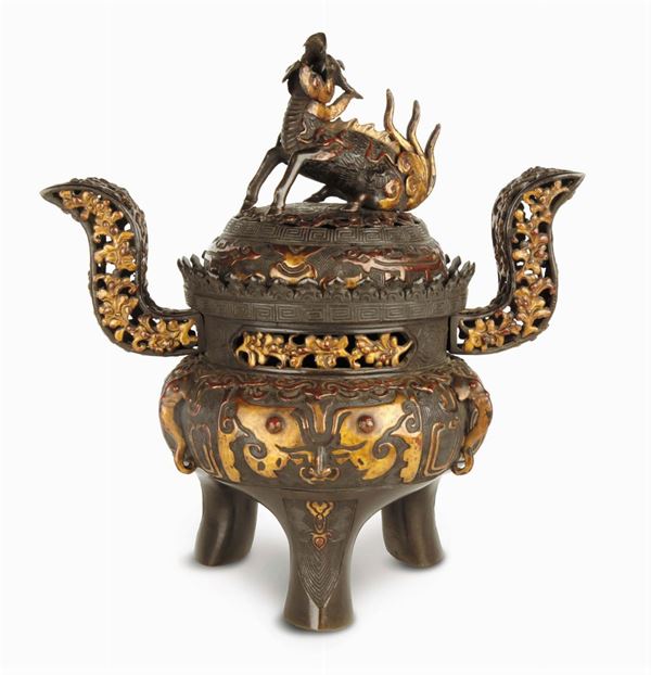 Incensiere in bronzo con cromia e doratura, Cina, Dinastia Qing, XVIII secolo