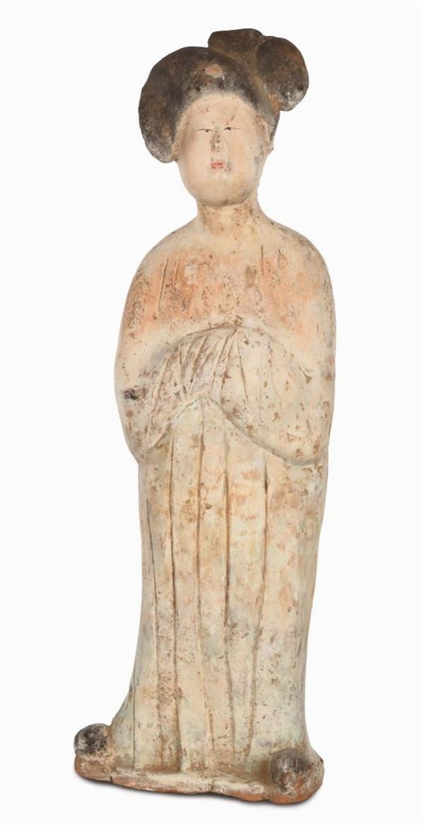 Large earthenware fat lady with traces of polychromy, China, Tang Dynasty, 9th century