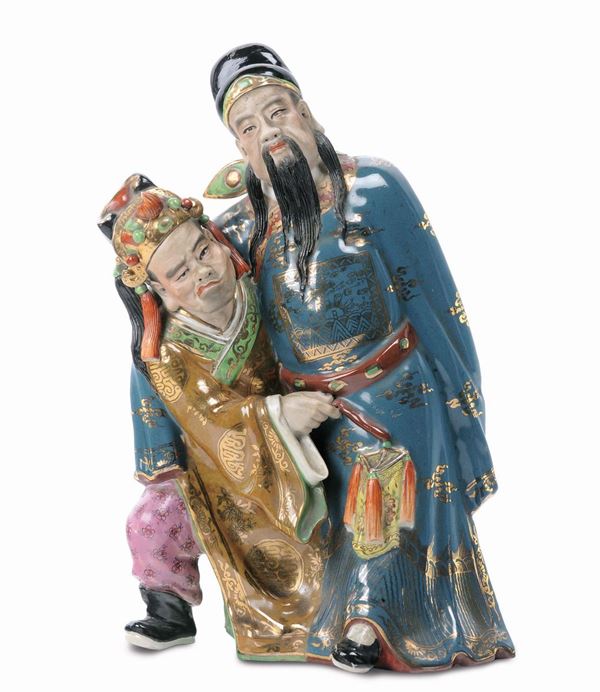 Gruppo in porcellana policroma con ubriachi, Cina periodo Repubblica, XX secolo