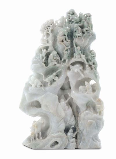 Gruppo in Giadeite con Scimmiette, Cina, Dinastia Qing, Inizio XX Secolo