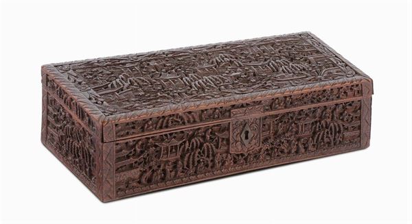 Wooden box carved with figures, China, Canton, 19th century
