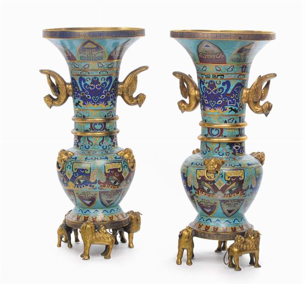 Pair of cloisonné vases with lions, China, Qing Dynasty, 19th century