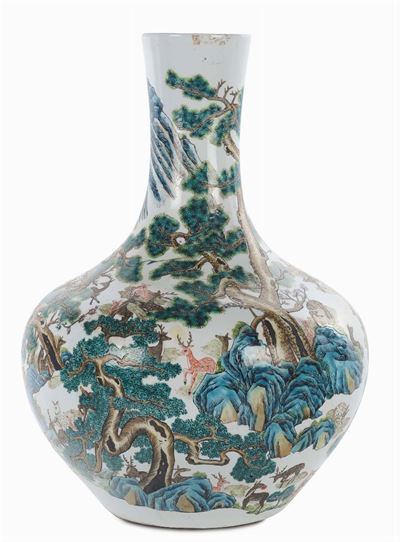 Grande Vaso in Porcellana con Cervi, Famiglia Verde Centocervi, Cina, Periodo Repubblica, Inizio ...