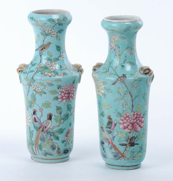 Pair of light-blue famille-rose porcelain vases, China, Qing Dynasty, 19th century