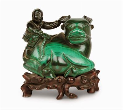 Gruppo in Malachite Raffigurante Bambino su Bufalo, Cina, Dinastia Qing, XIX Secolo
