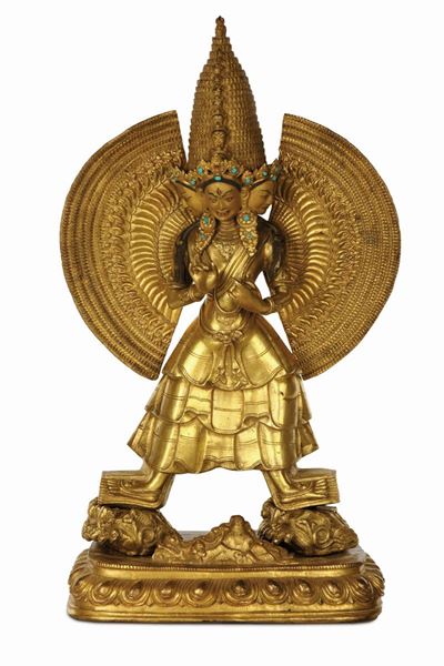 Grande e Importante Figura in Bronzo Dorato Raffigurante Sitatapatra, Tibet Fine XVII Secolo