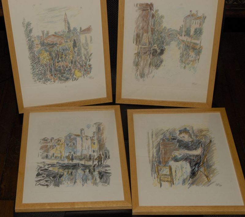 Lotto di quattro disegni a matita e pastelli colorati siglati MM e datati 66  - Asta Dipinti del XIX e XX secolo - Cambi Casa d'Aste