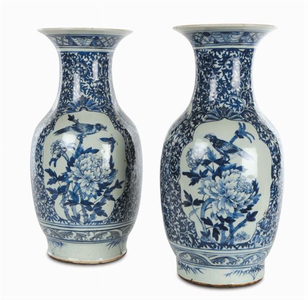 Coppia di vasi in porcellana bianca e blu, Cina, Dinastia Qing, XIX secolo