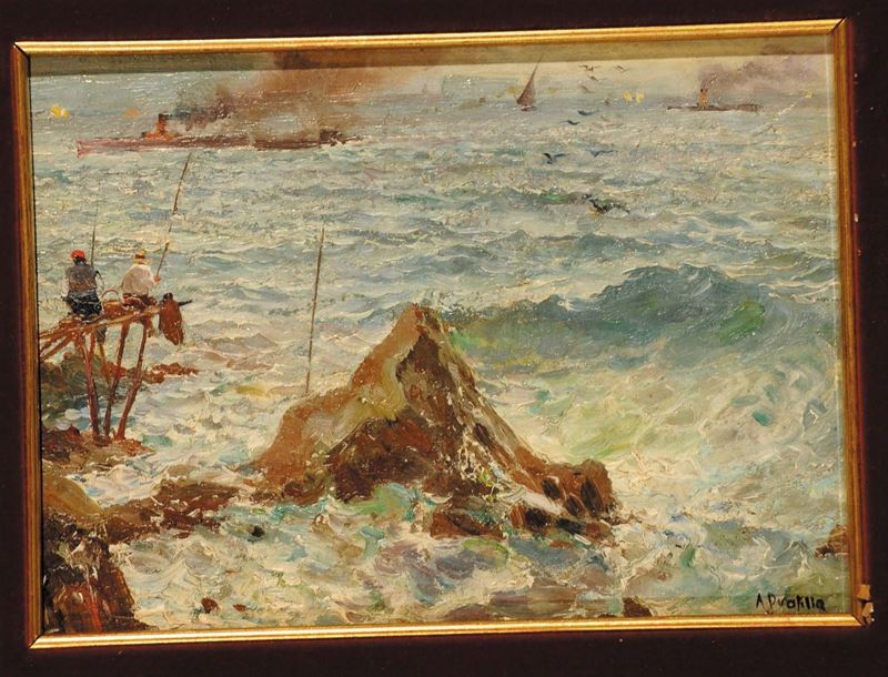 Attilio Pratella (1856-1949) Pescatori nel golfo di Napoli  - Asta Dipinti del XIX e XX secolo - Cambi Casa d'Aste