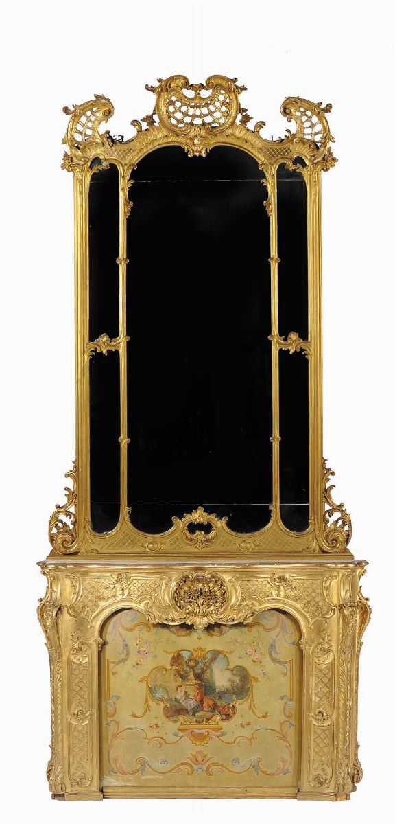 Camino con specchiera  in legno intagliato e dorato  - Asta Antiquariato e Dipinti Antichi - Cambi Casa d'Aste