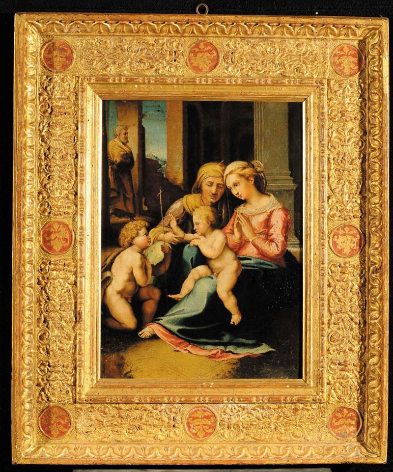 Scuola del XVII secolo Madonna con bambino, San Giovannino e Sant' Anna  - Auction Antique and Old Masters - Cambi Casa d'Aste