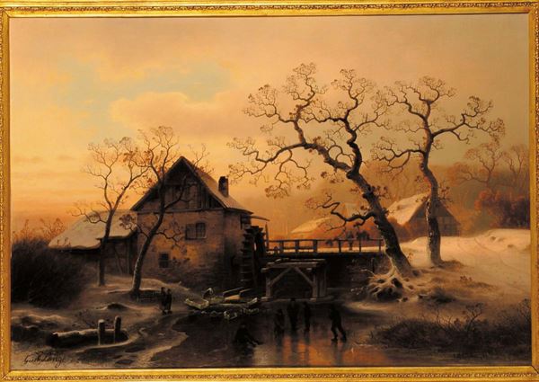 Gustav Lange (1811-1887) Paesaggio fiammingo innevato