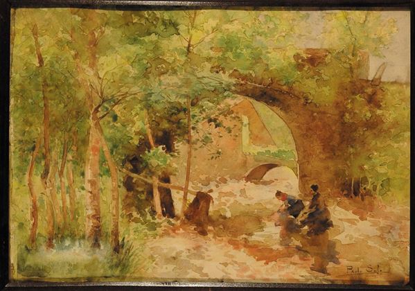 Paolo Sala (1859-1924) Paesaggio con lavandaie