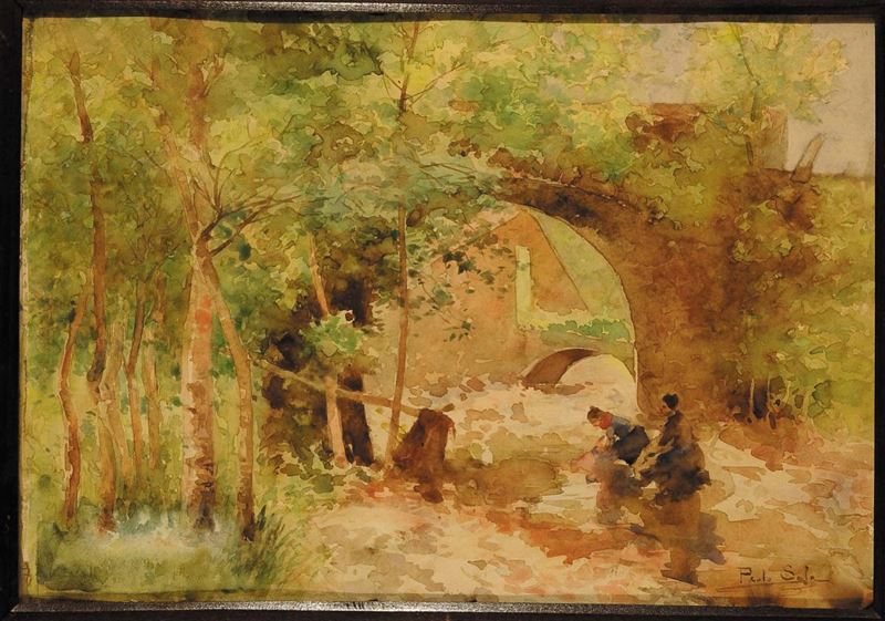 Paolo Sala (1859-1924) Paesaggio con lavandaie  - Asta Dipinti del XIX e XX secolo - Cambi Casa d'Aste