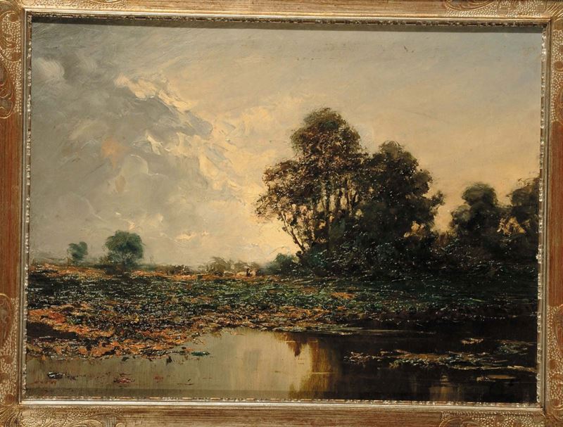 Carlo Follini (1848-1938) Paesaggio con fiume  - Asta Dipinti del XIX e XX secolo - Cambi Casa d'Aste