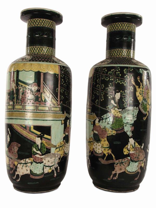 Famille-noire polychrome porcelain vases, China, Republic, 20th century