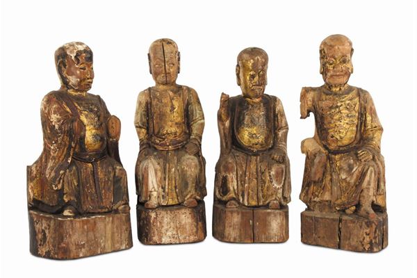 Lot formed by four immortal Buddha in gilded wood, China, Ming Dynasty, 16th century