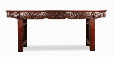 Console Intagliata in Legno di Homu, Cina Fine Dinastia Qing, Inizio del XX Secolo