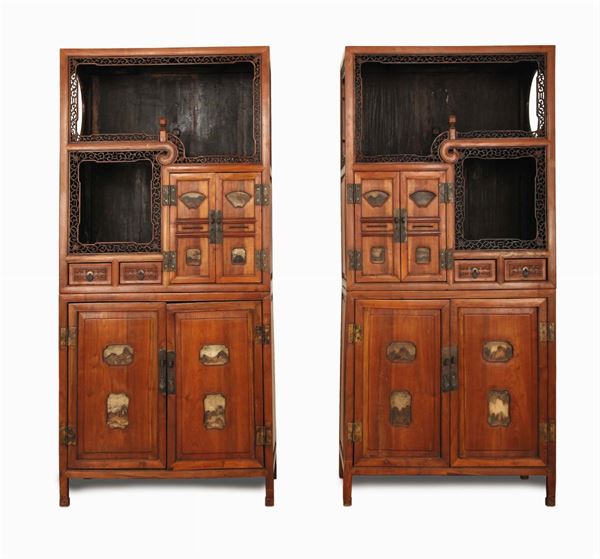 Pair of rosewood cabinets with soapstone inserts, China, Qing Dynasty, 19th century