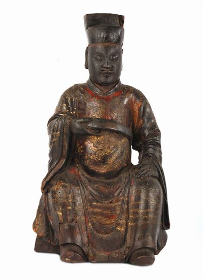 Buddha in Legno con Tracce di Dorature e Policromie, Cina, Dinastia Ming, XVII Secolo