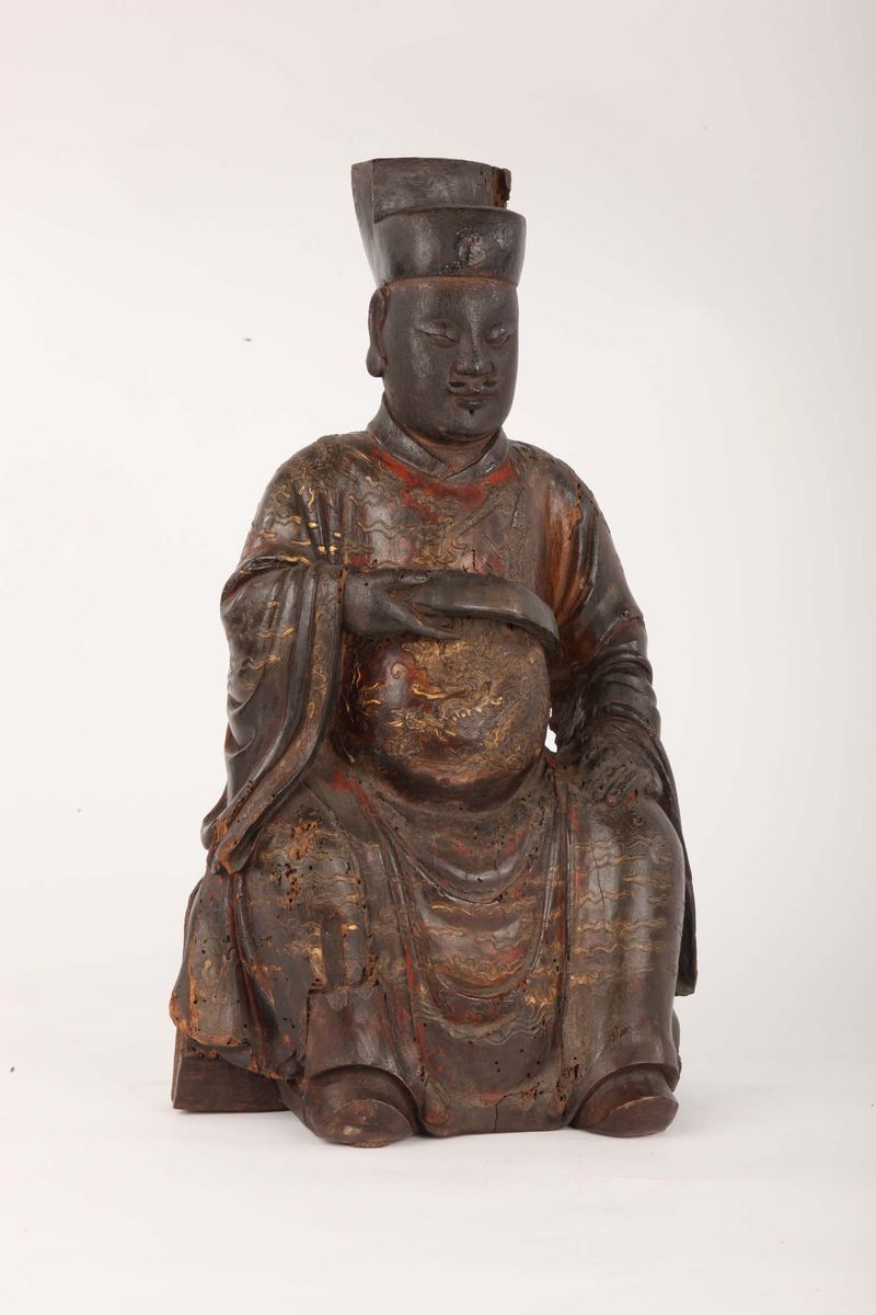 Buddha in Legno con Tracce di Dorature e Policromie, Cina, Dinastia Ming, XVII Secolo
