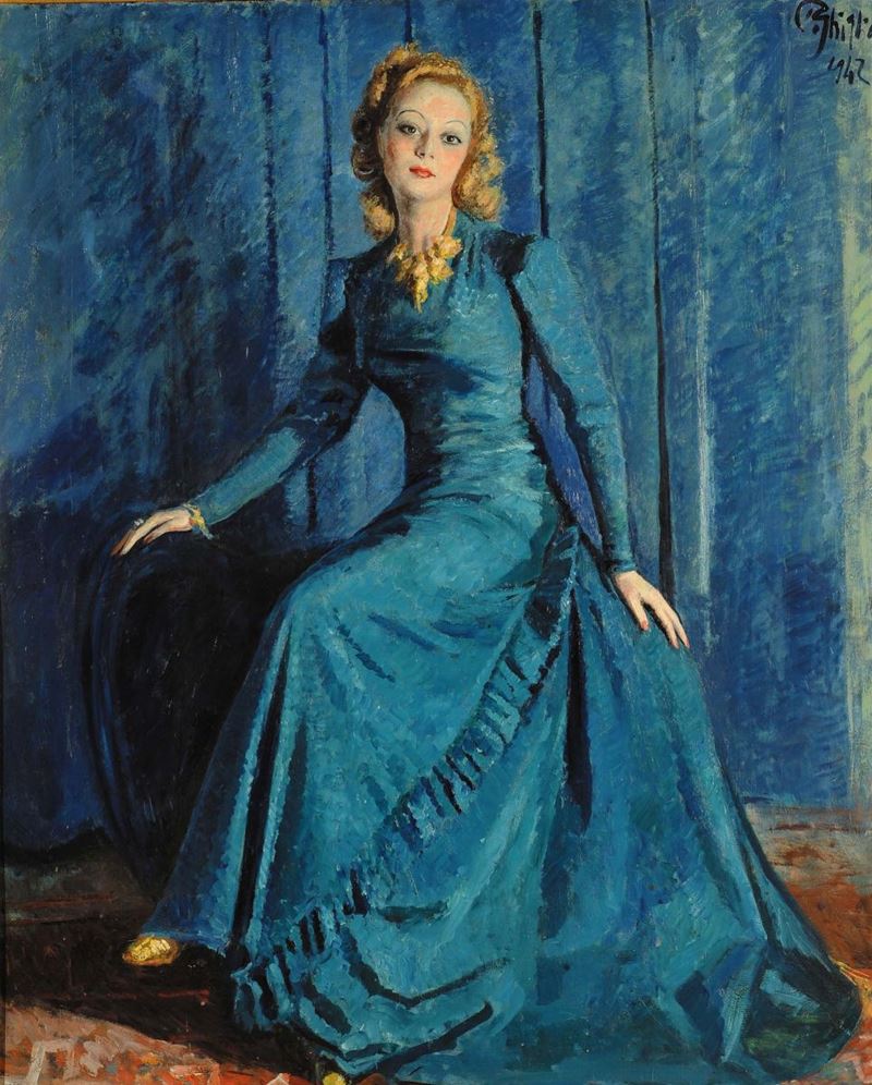 Paolo Ghiglia (1905-1979) Signora in blu, 1942  - Asta Dipinti del XIX e XX secolo - Cambi Casa d'Aste