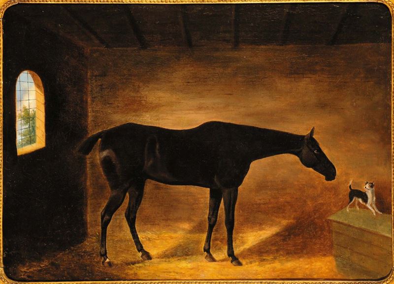 Scuola Inglese del XIX secolo Purosangue nella stalla con cane terrier  - Auction 19th and 20th Century Paintings - Cambi Casa d'Aste