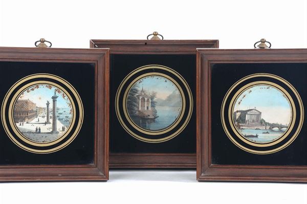Tre acquetinte acquarellate, XIX secolo