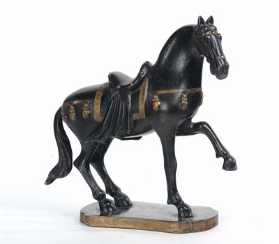 Cavallo in Bronzo Dipinto e Dorato, Cina XIX Secolo